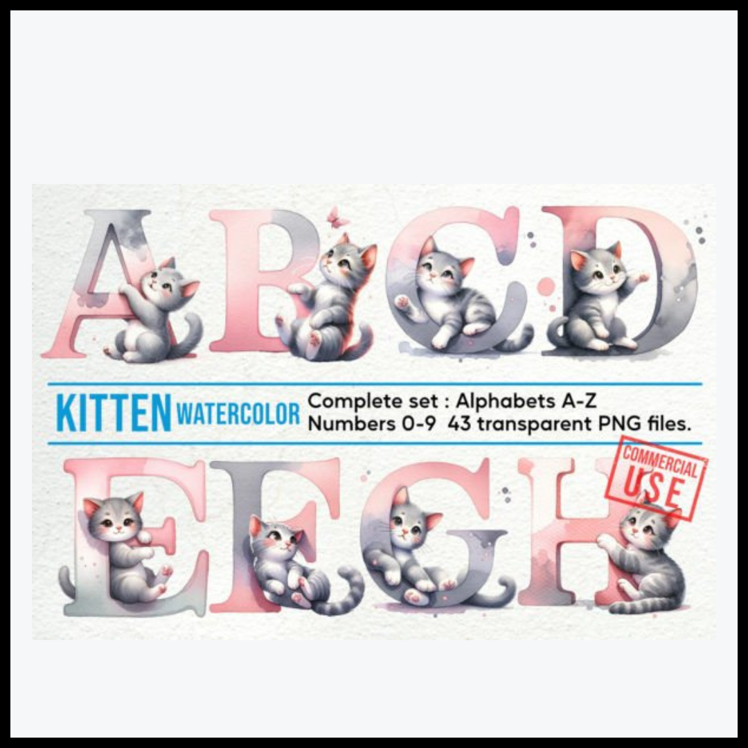 Kitten Watercolor Alphabet & Number